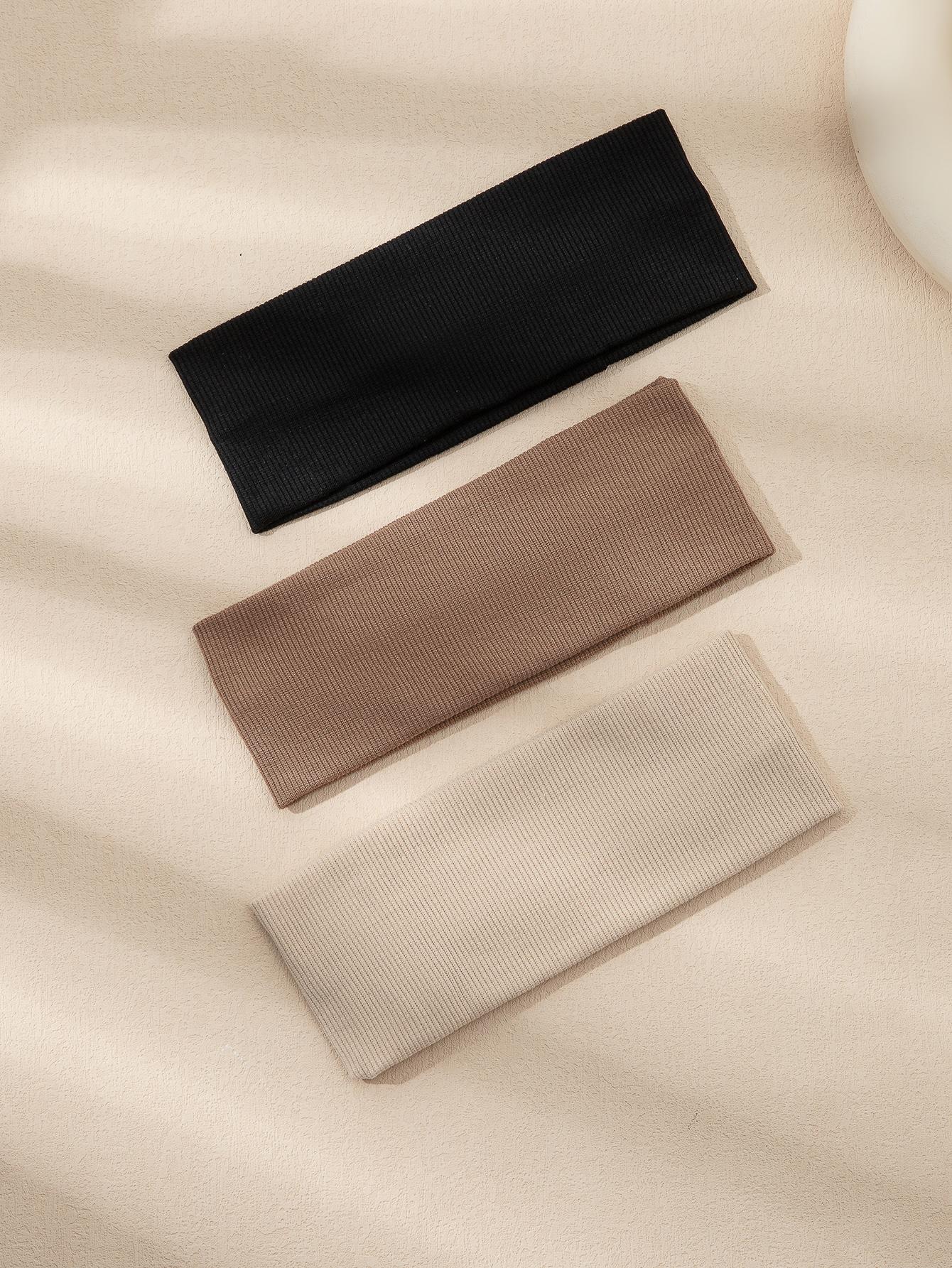 3 stk. strikkepannebånd i ensfarget farge, sklisikre, elastiske, myke stoffhårbånd til kvinner, hårbånd, hodeplaggtilbehør: Svart