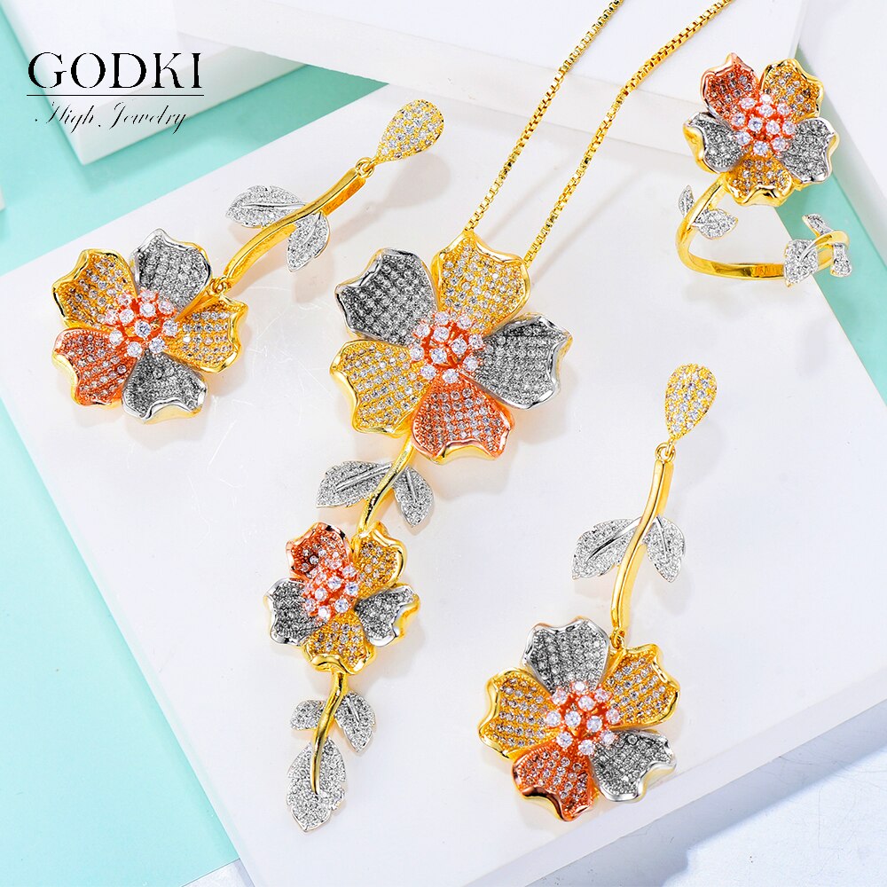 GODKI lujo Lariat collar pendientes establece zirconia cúbica cristal CZ conjunto de joyería para mujer boda Dubai indio conjunto de joyería nupcial