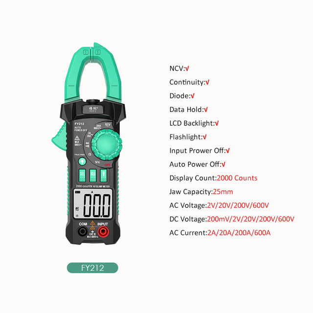 AC/DC Clamp Multimeter V.F.C Digital Clamp Meter Current Pliers Auto Range Measurement Ammeter Test Electrician Tool: FY212
