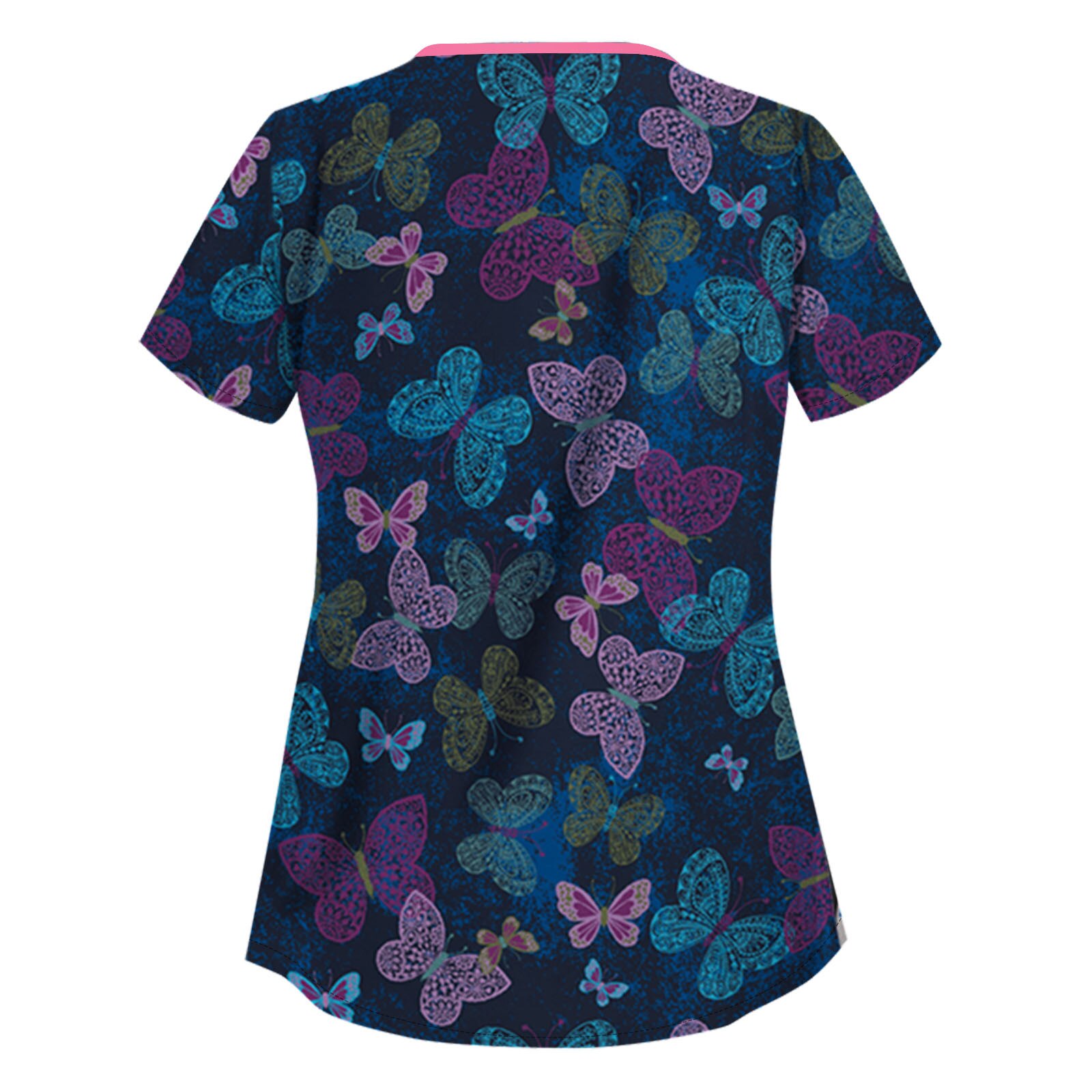 #Ac46 Women Butterfly Print Short Sleeve Neck Tops Working Uniform Women Blouse Shirt Nurse Uniform Медицинская Одежда