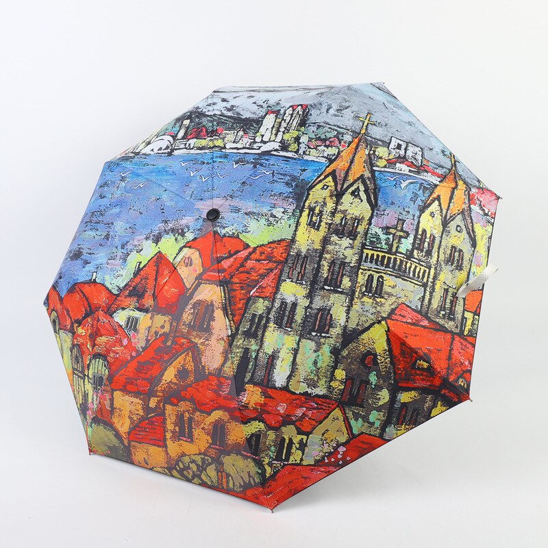 Paraguas pintura al óleo para mujer, sombrilla plegable automática para mujer, Parapluie para exteriores, estudiantes, guarda-chuva