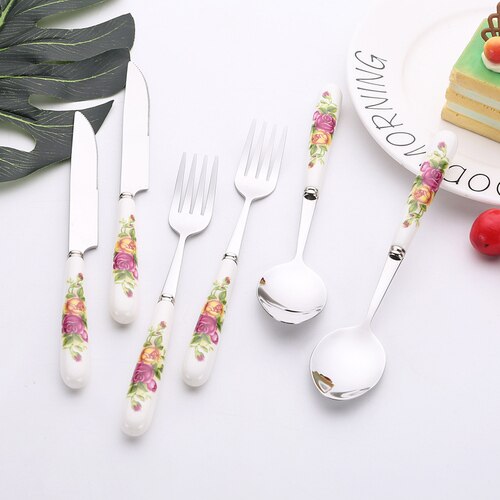 Tableware set Stainless steel Ceramic Steak Knife and Fork full set of Cutlery Spoon 6-pieces: D