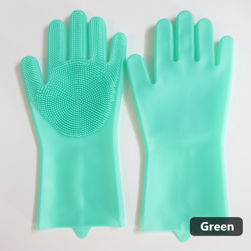 1Pair Dishwashing Cleaning Gloves Silicone Rubber Sponge Glove Household Scrubber Kitchen Clean Tools Kitchen: Green