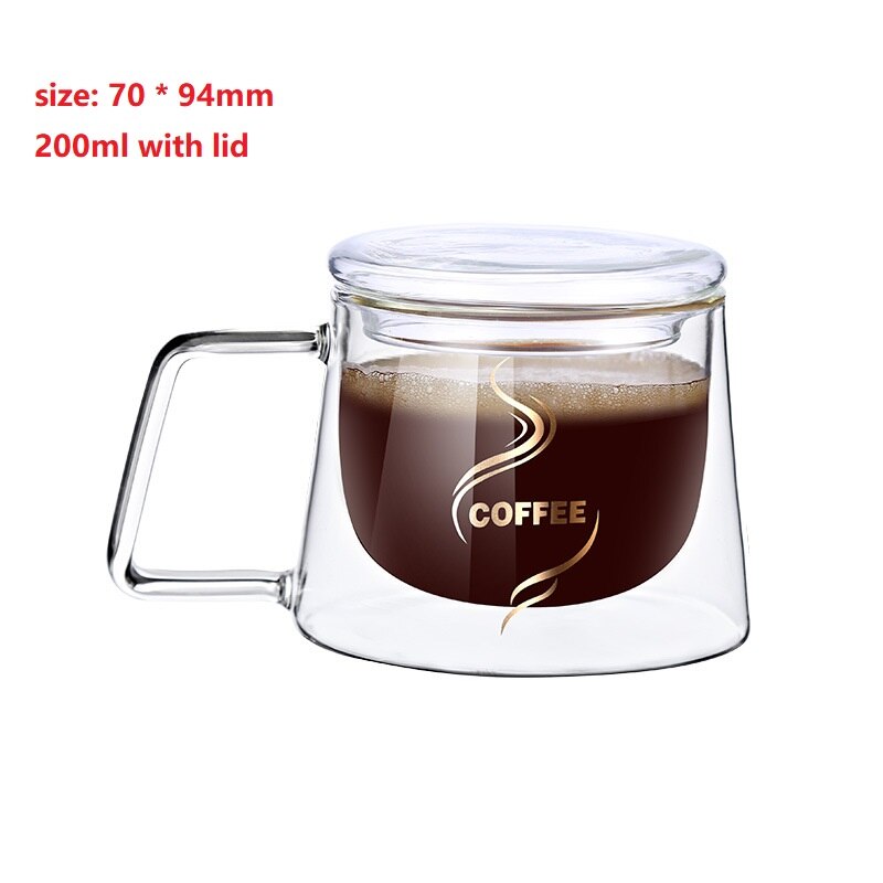 Varmebestandigt glas vandkop dobbelt lag krus med låg drik mælk kaffe juice kopper isoleret kop drikke flaske drikkevarer: C -200ml- med låg