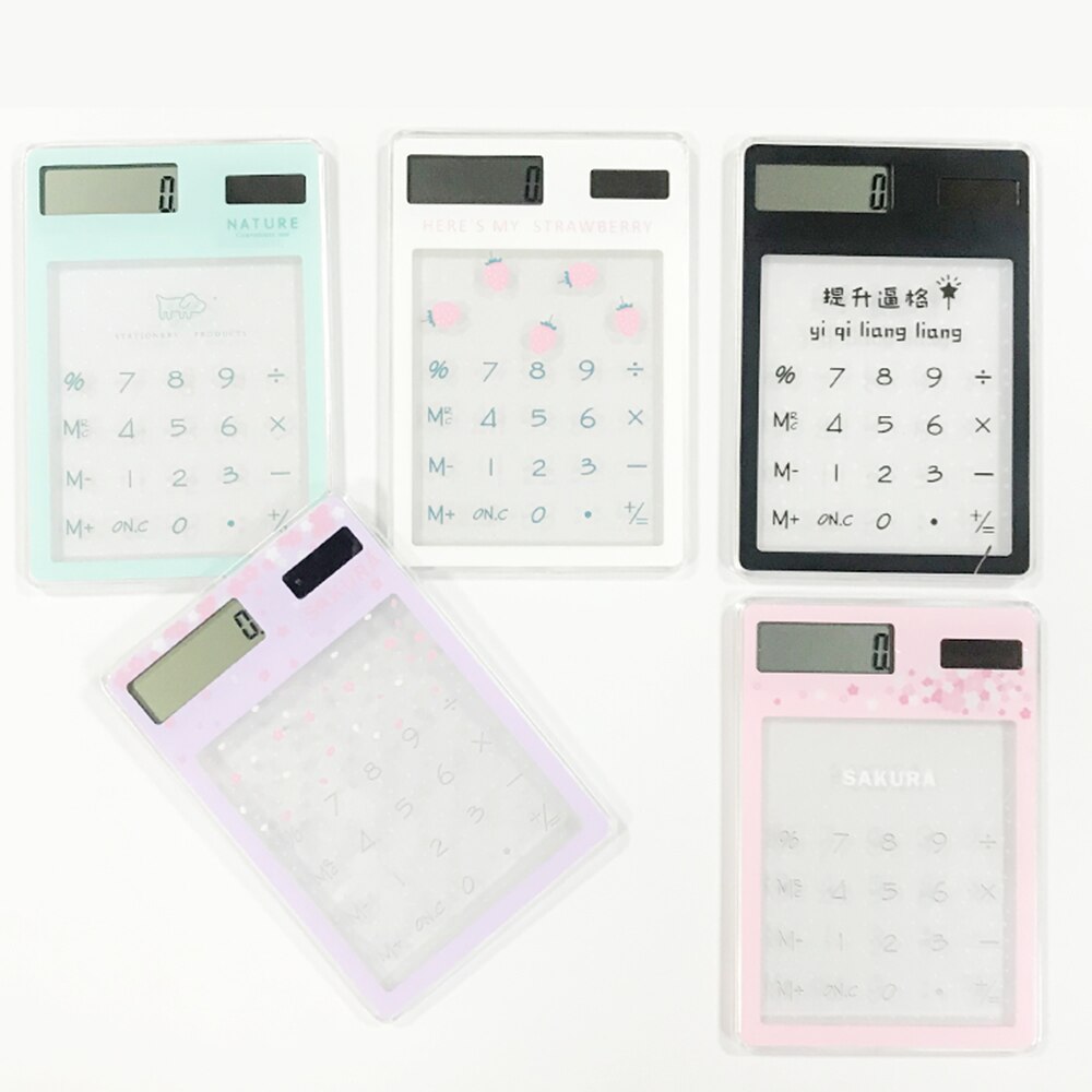 1pc Mini Calculator Cute Cartoon Ultra-thin Transparent Solar Energy Calculator Portable for Children School Office Supplies
