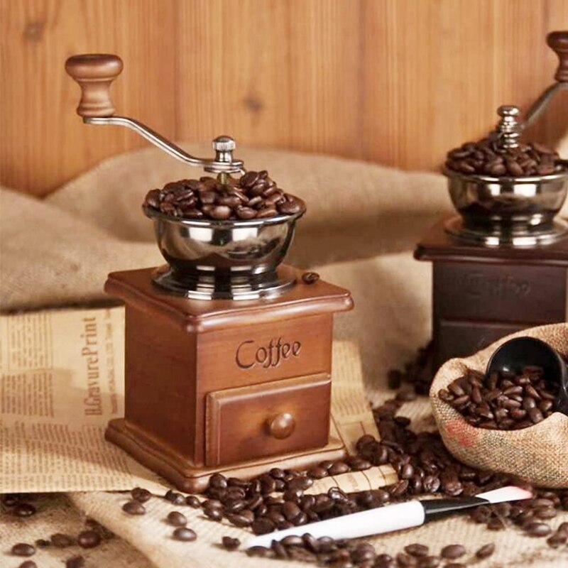 Manual Coffee Grinder Vintage Antique Style Wooden Coffee Grinder Classic Hand-Cranked Coffee Grinder