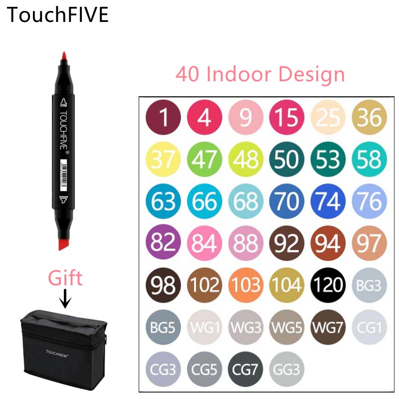 TouchFIVE-rotuladores de fieltro con Alcohol, bolígrafos de doble punta permanente para artista, suministros escolares de arte, marcadores para bocetos de Manga, 30/40/60/80: 40 Color Indoor
