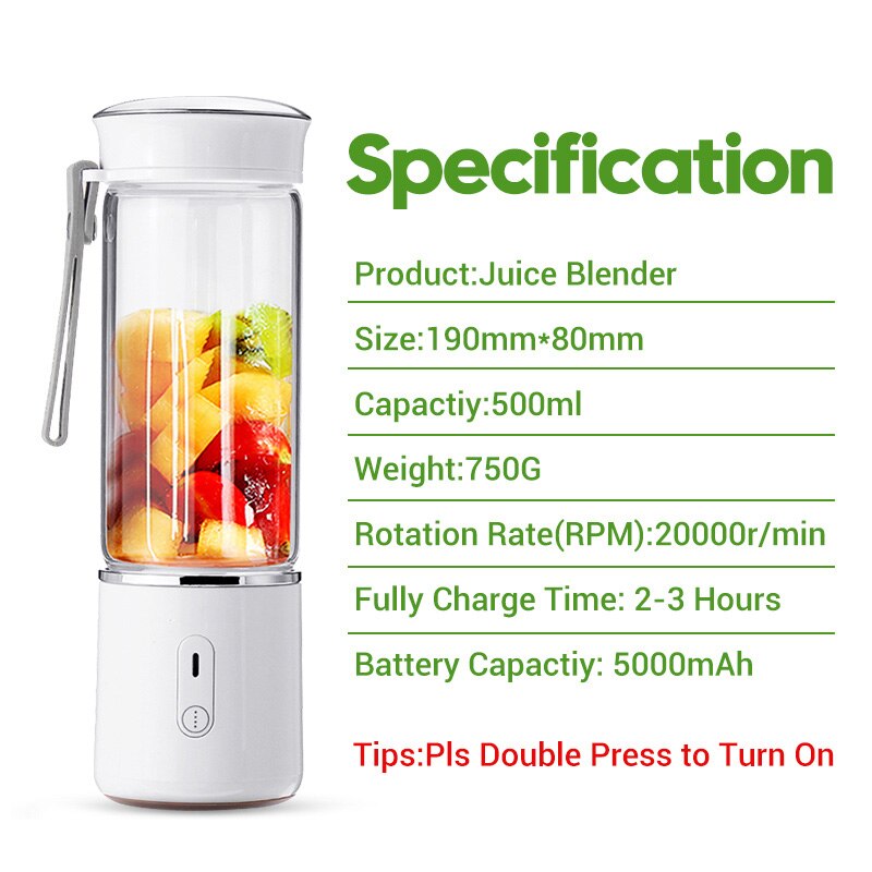 500Ml przenośna sokowirówka, elektryczna sokowirówka szklane urządzenie robić Smoothie USB akumulator blendery mikser robić podróży w domu