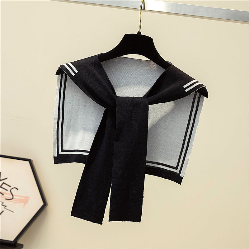 Korean College Navy Stripe Wool Knit Shoulder Cape Knotted Warm Shawl Summer Air Conditioned Room Protect Neck Woman&#39;s Scarf T56: Black
