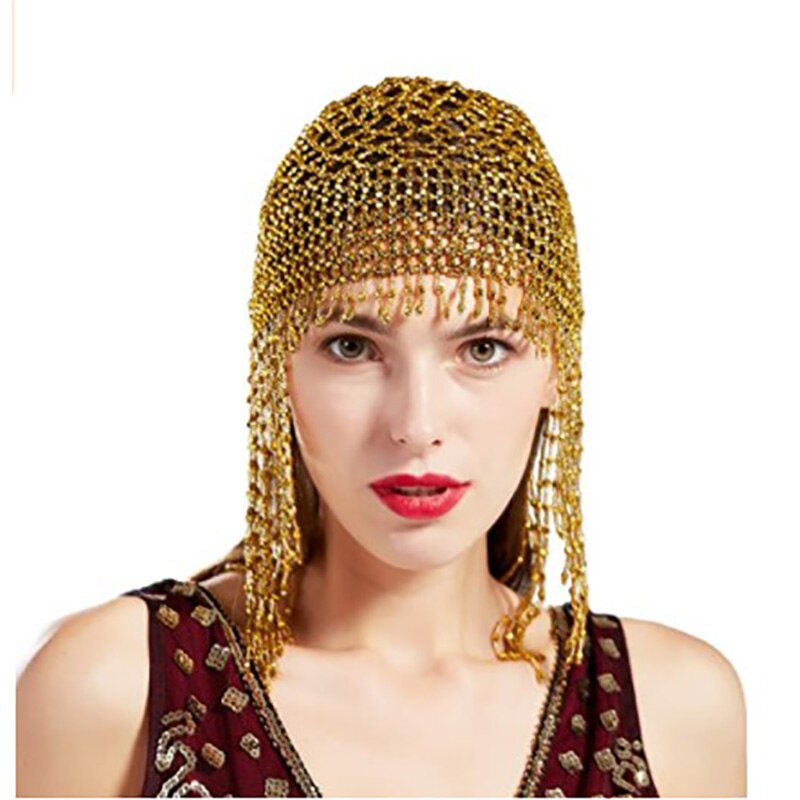 Feecolor 1920s klapper hat retro stil brølende 20s perler eksotiske cleopatra mavedans hovedbeklædning: Guld