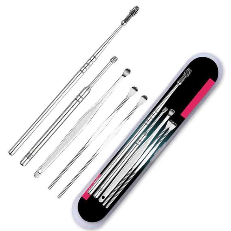 Kit de nettoyage des oreilles en acier, 5 pièces, bâton de cire d&#39;oreille, cuillère de guérison, ensemble de nettoyage, outils d&#39;élimination des soins