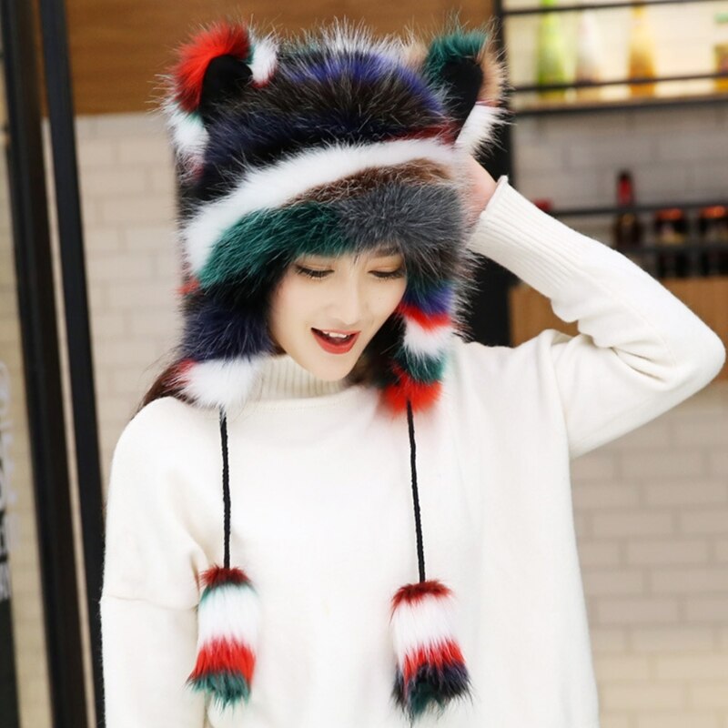 Las mujeres de invierno suaves peludos trampero sombrero lindo orejas de gato peludo Animal de la felpa con orejeras a prueba de viento orejera térmica