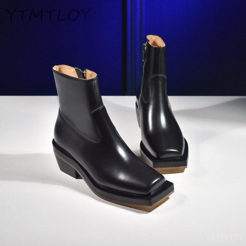 moto Western bottes femmes en cuir court talons hauts chaussons Botas cheville chaussures rétro bout carré fermeture éclair