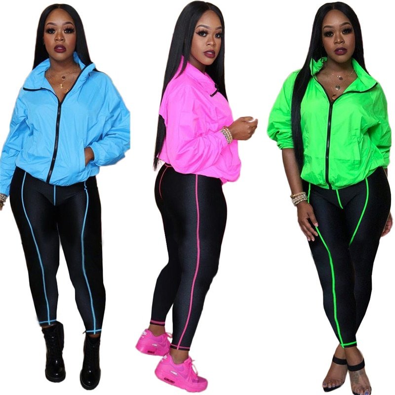 Adogirl Fluorescent Green Women Tracksuit Athleisure Two Piece Set Stand Collar Long Sleeve Jacket Coat Skinny Pants Sportswear