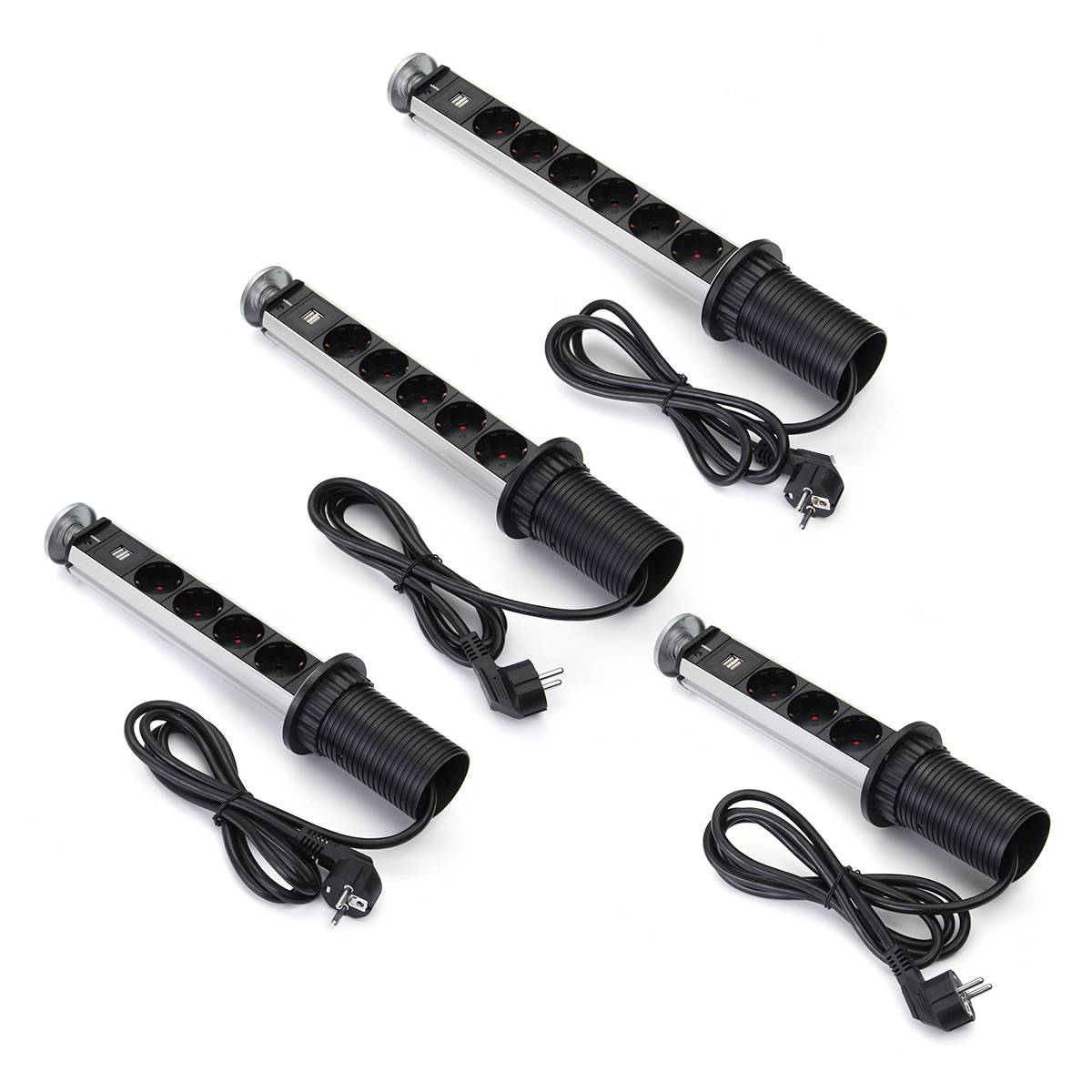 EU Plug 3/4/5/6 Power Kitchen Table Pull Up Electrical Socket Desktop Sockets 1 Led+2 charge USB Aluminum Shelf Silver/Black