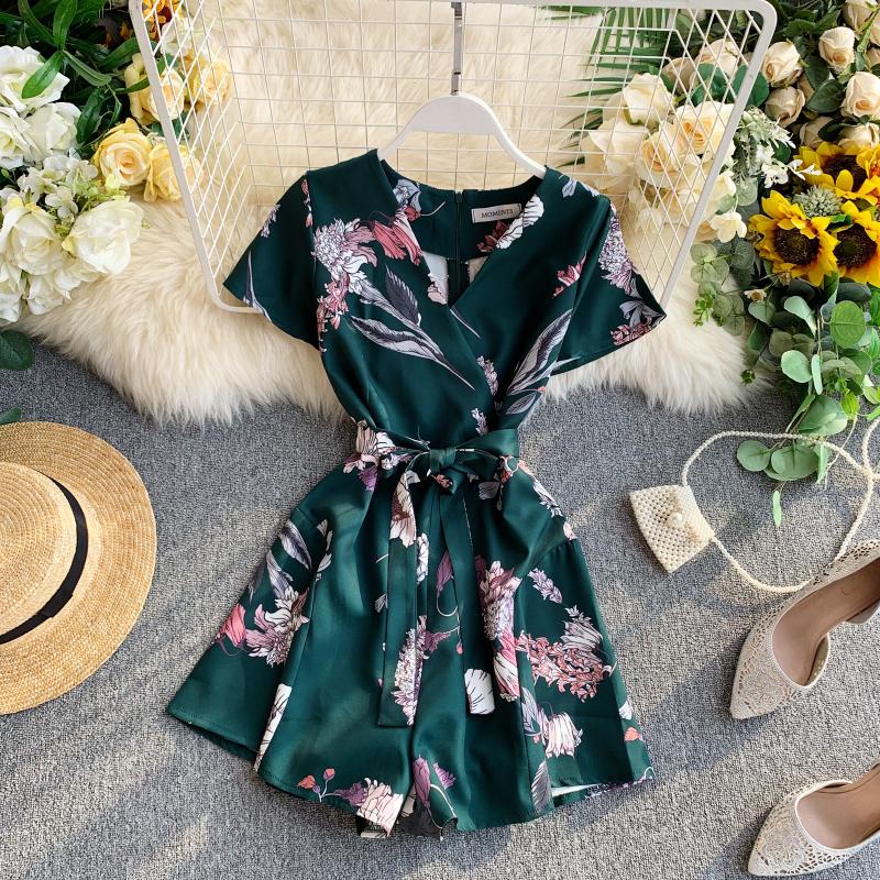 Mono Vintage bohemio ajustado con estampado floral para mujer, pelele Sexy informal con cuello en V para mujer, traje corto de estilo veraniego para playa y vacaciones,