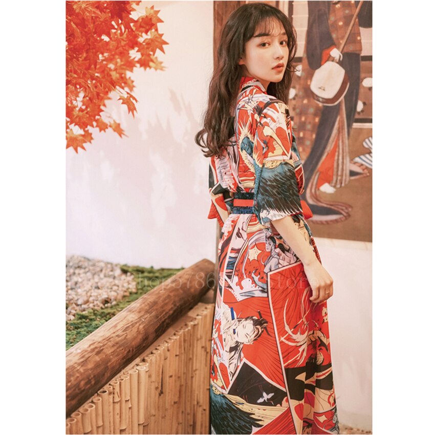 Sommar japansk stil klänning kimono kvinnor flicka fancy print semester chiffong älva lång retro geisha vestido kofta