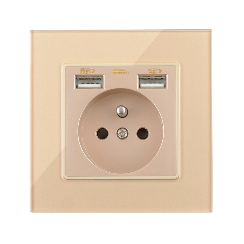 Atlectric EU FR Standard Wall Socket Dual USB Port European French Socket Tempered Glass Panel Outlet Electrical Plug: FR Standard