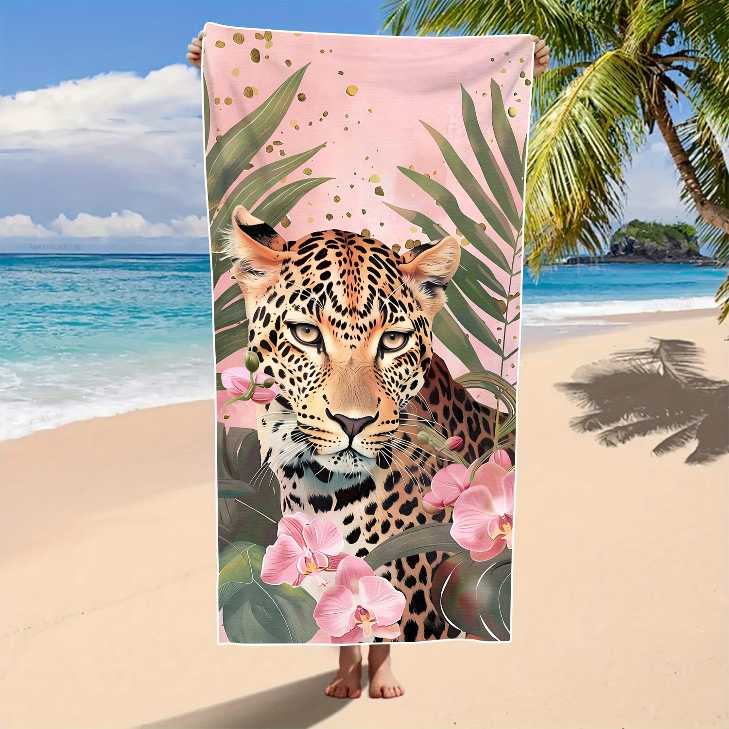 Böhmisches Strandtuch mit Leoparden- und Blumendruck, Polyester, Super saugfähig, schnell trocknend, für Schwimmbad, Yoga, Reisen, Camping, Dekoration, Hellrosa, Grün: XXL