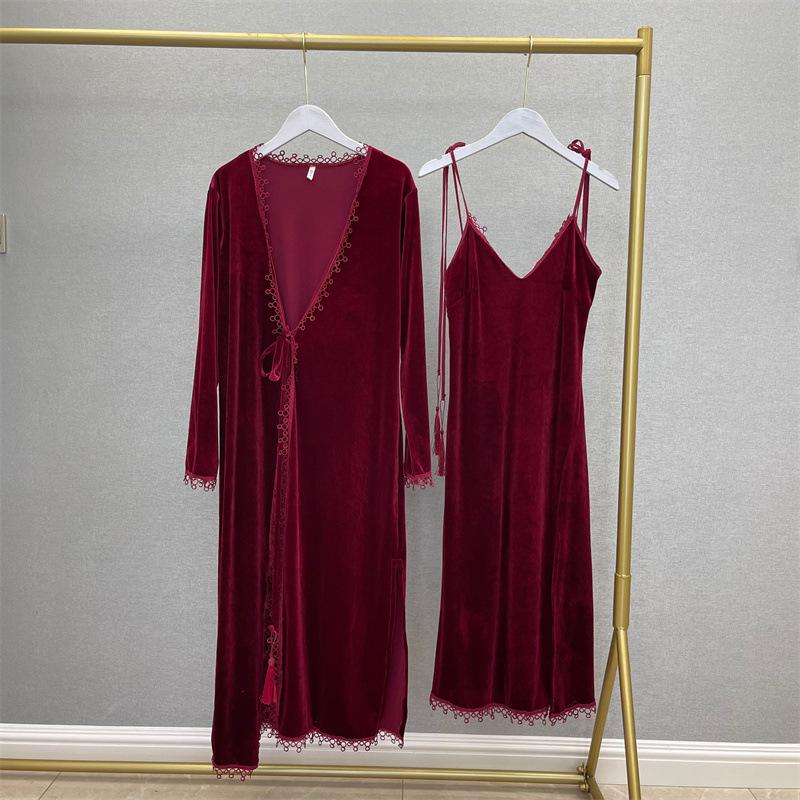 Conjunto de Bata larga de terciopelo para mujer, ropa de dormir suelta, Kimono, bata de baño con cinturón Sexy, lencería íntima para estar en casa, 2 piezas: burgundy / M