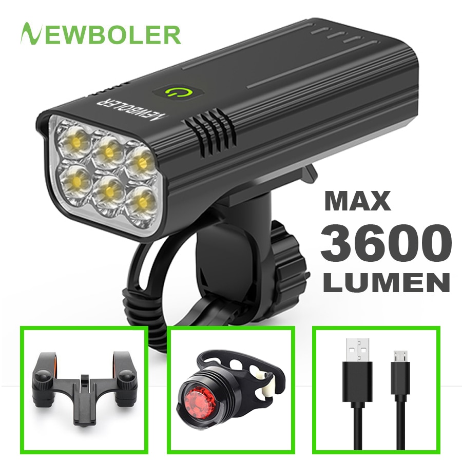 NEWBOLER Luz bicicleta 3600 lúmenes juego de luces de bicicleta MTB a prueba de lluvia recargable por USB con 2 soportes 5200 mAh ciclismo linterna accesorios para bicicleta
