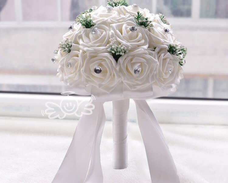 AYiCuthia Prachtige Handgemaakte Bruiloft bloemen Witte Bruidsmeisje Bruidsboeketten kunstmatige Rose Bruiloft Boeket S52: White