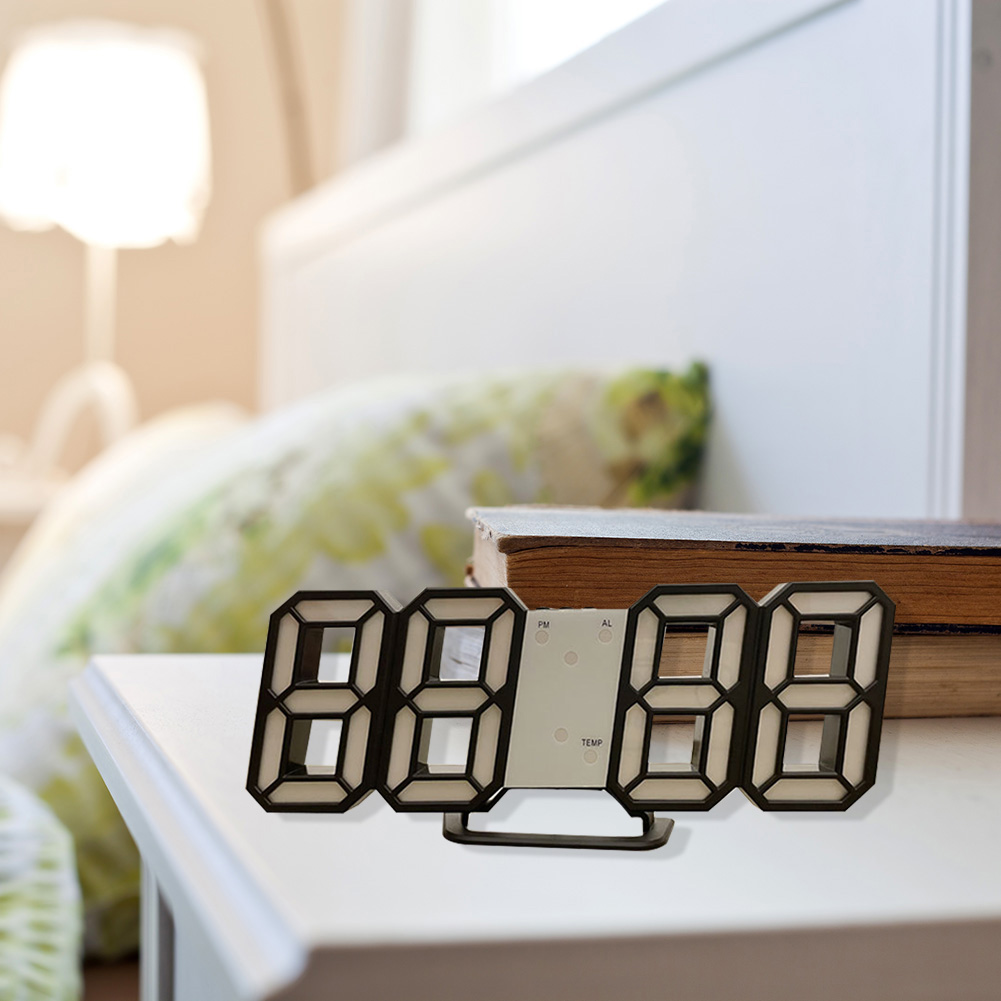 3D LED Digital Alarm Clocks Wall Hanging Watch Snooze Function Table Clock Calendar Thermometer Display Office Electronic Watch: B black clock
