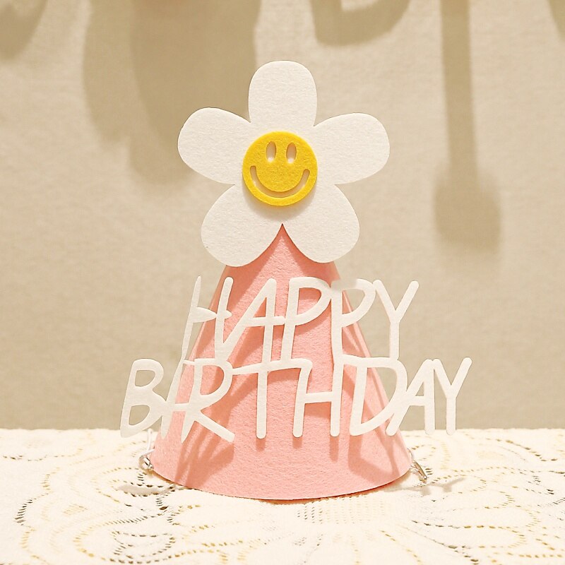 Ins barn gul blomst bursdagshatt liten tusenfryd festhatt baby shower hodeplagg hvit gratulerer med dagen smil pannebånd: Rosa
