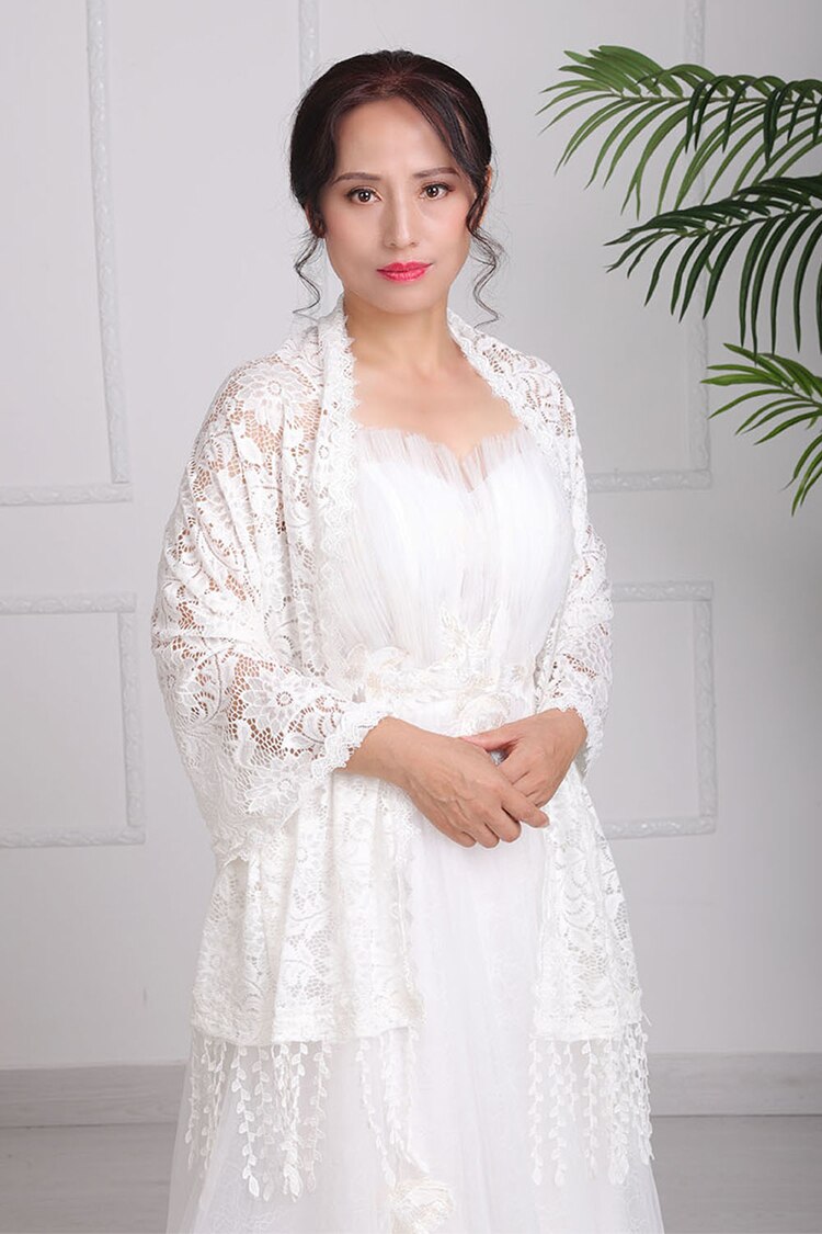 Bruiloft Accessoires Bolero Wit Bruids Mantel Vrouwen Wrap Kwasten Dunne Kant Cape Gril Jurk Avond Jassen Wedding Wrap Shawl