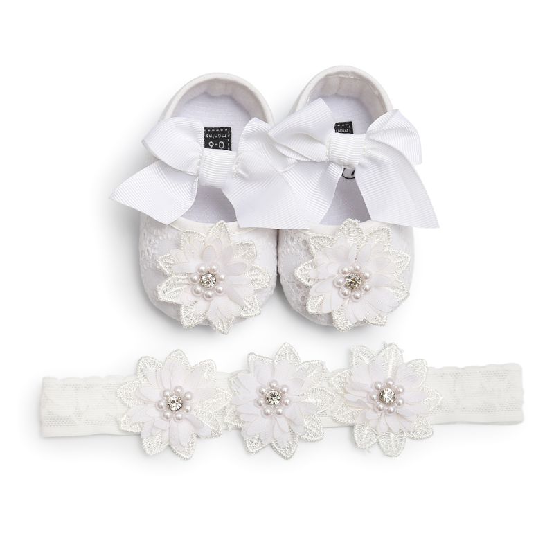 Lente Herfst Peuter Meisje Schoenen Katoen Stof Comfortabele Kant Bloem Lint Parel Strik Prinses Schoenen + Bloemen Hoofdband
