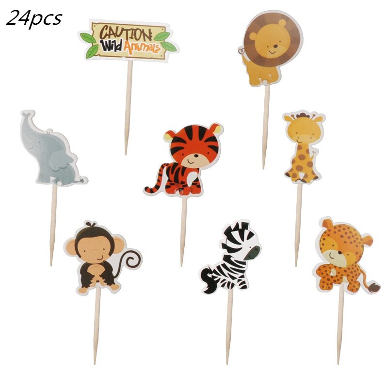 Décoration de Cupcake Safari dans la Jungle, bannière de joyeux anniversaire, drapeaux de gâteau d&#39;animaux pour fête d&#39;anniversaire, fournitures de pour enfants garçons: 24pcs cake topper