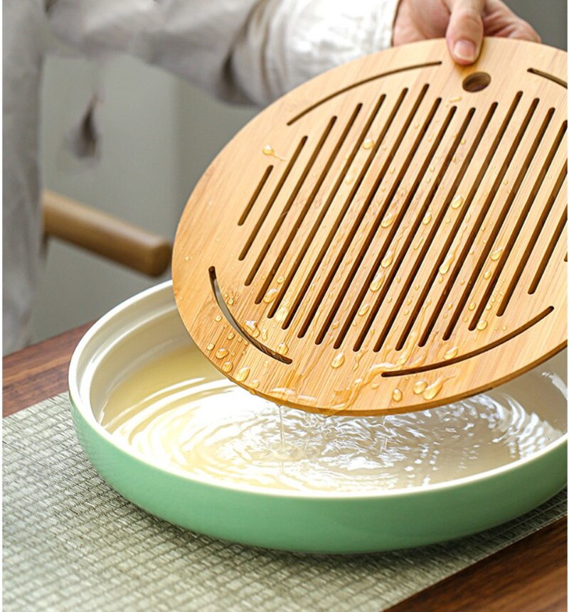 500-1800ml Tea Tray Ceramic+Bamboo Plate Water Storage Tea Table Longquan Celadon Tea Set Round Tea Saucer Tea Plate