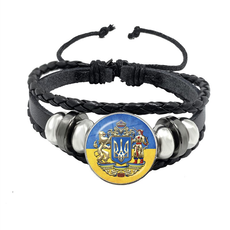 Tryzub ukraina przycisk skórzana bransoletka ukraińska runa Vintage wzory 20mm szkło Cabochon biżuteria dla kobiet mężczyzn klasyczny prezent
