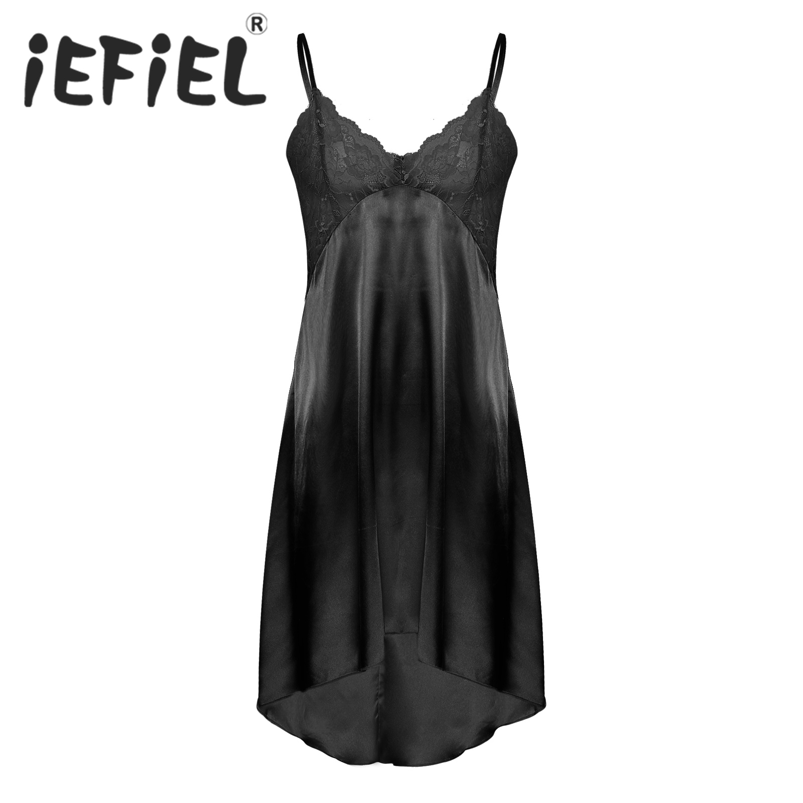 Herren Weichei Satin- Nachthemd überqueren-Dressing Nachtwäsche schier Spitze Kleid Patchwork Unregelmäßigen Saum Verstellbaren Trägern Kleid Nachtwäsche