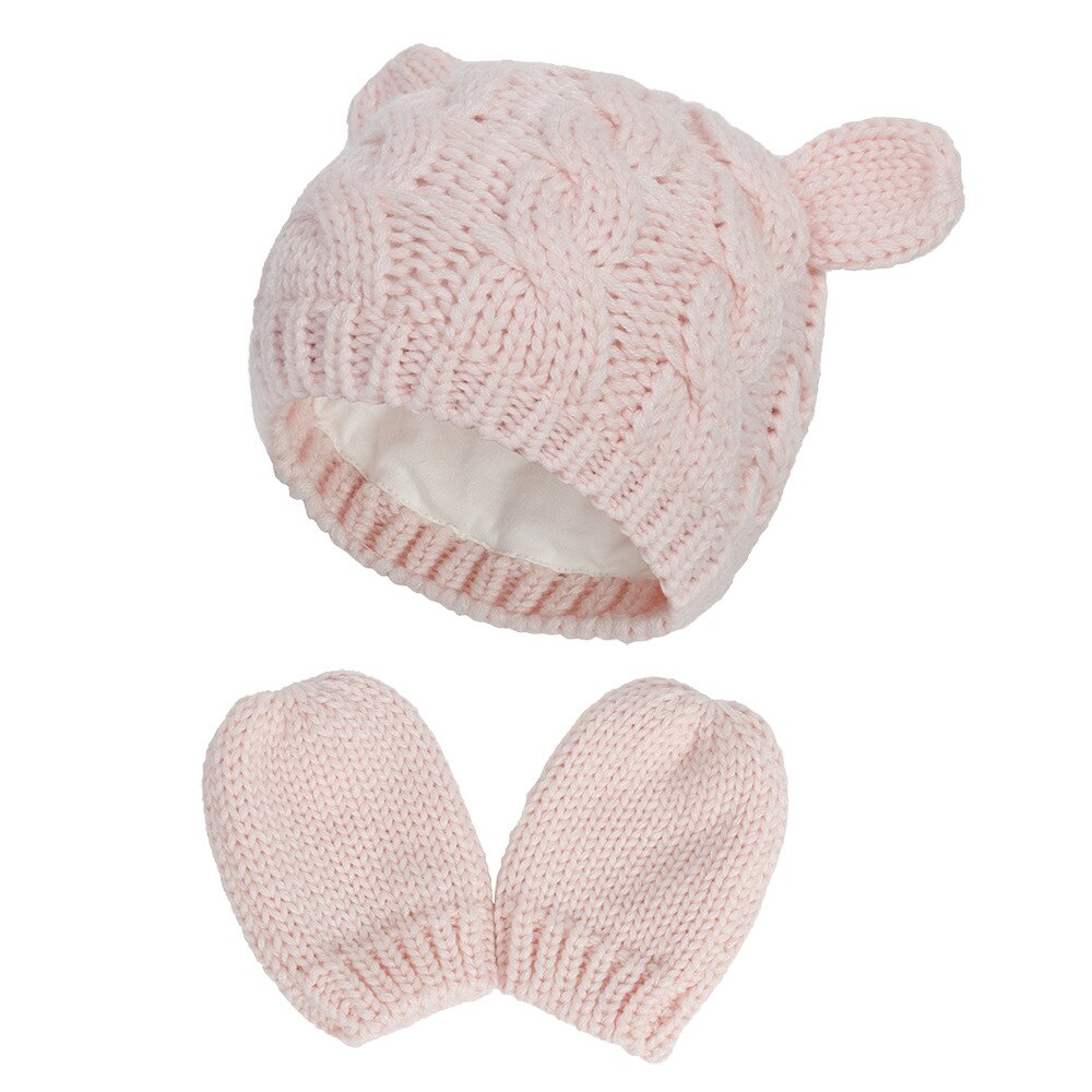 Vinter baby hüte für mädchen hut für junge herbst niedlich ohr baby gestrickte warme mütze + handschuhe kinder hüte kappe kinder: Lyserød / S  0-3 måneder