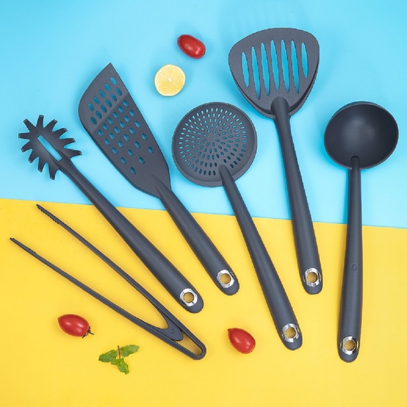Espumadera antiadherente de nailon resistente al calor, ranurado colador, pinzas finas, utensilios de cocina de grado alimenticio