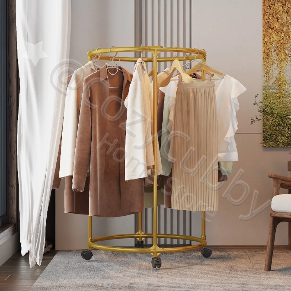 CC Kledingwinkel Displayrek Gouden Ronde Metalen Roterende Kledingstandaard met Wielen Beweegbare Ringvormige Kleding Organizer Rack