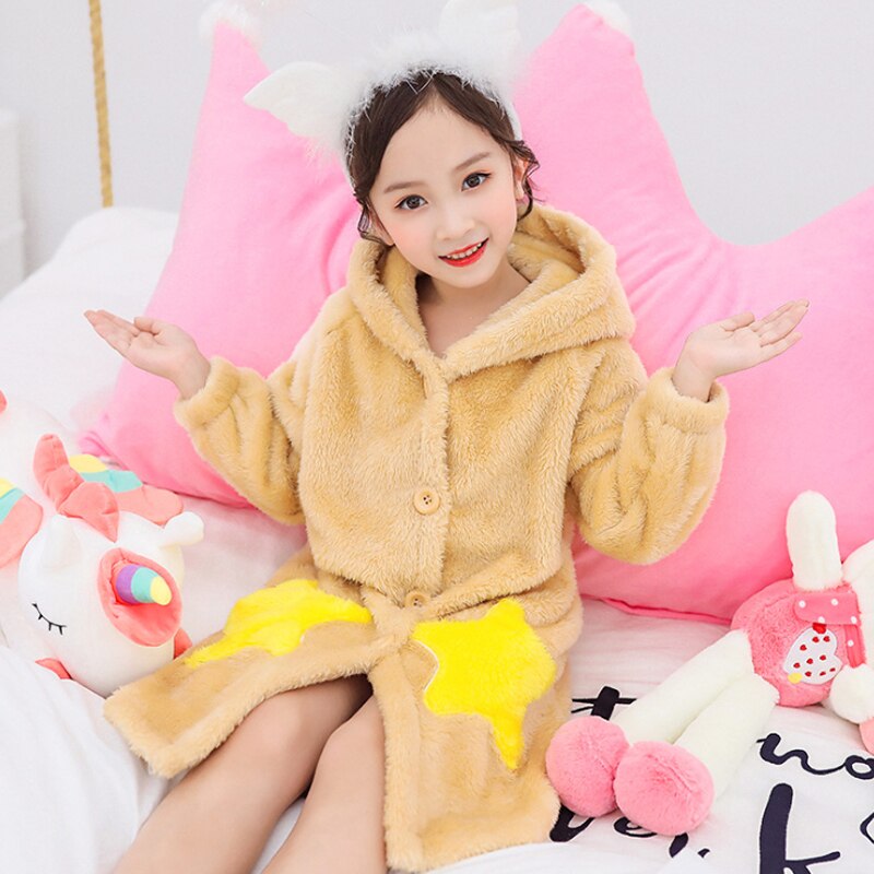 Vinter bebis pyjamas morgonrock tecknad hoodies flicka pojkar nattkläder badhanddukar barn mjuk morgonrock pyjamas #39: Gul / 140 cm