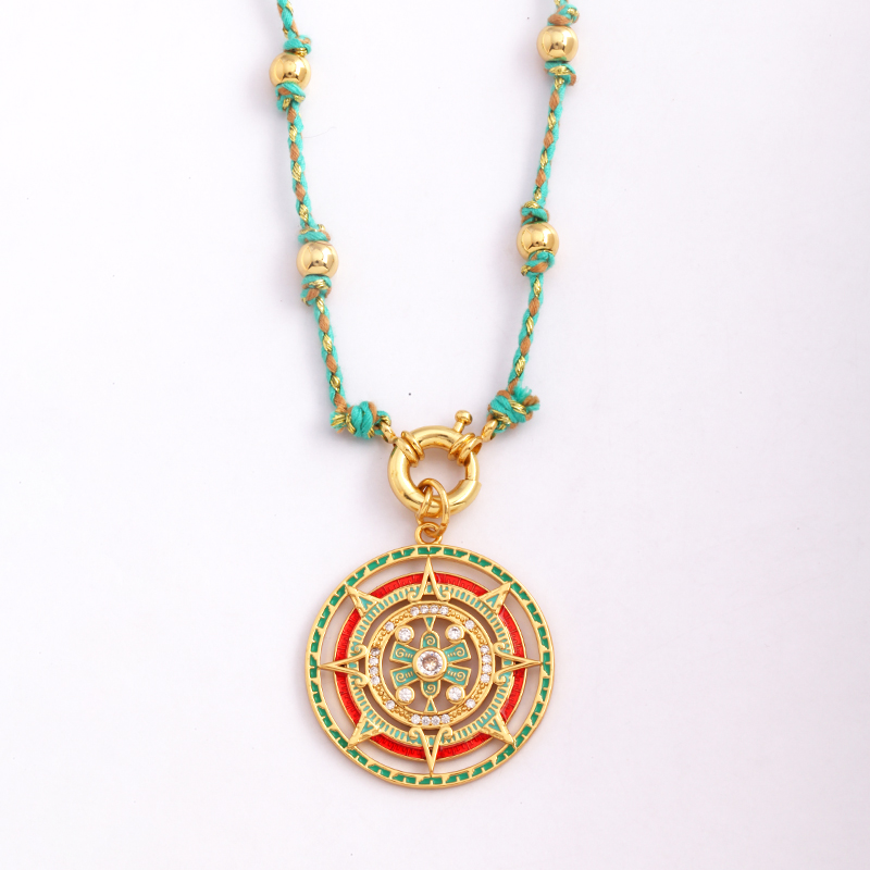 Estrella Celestial azul verde mal de ojo nudo largo collar de cuentas, Boho naturaleza cordón de algodón suéter amuleto verano playa joyería: Rodio plateado