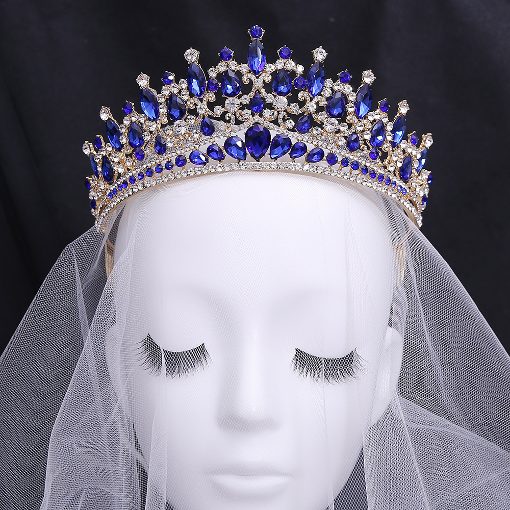Barokke blauwgroene opaal bruiloft kroon met kam kristal koninklijke koningin bruids tiara's grote strass optocht diadeem hoofdaccessoires