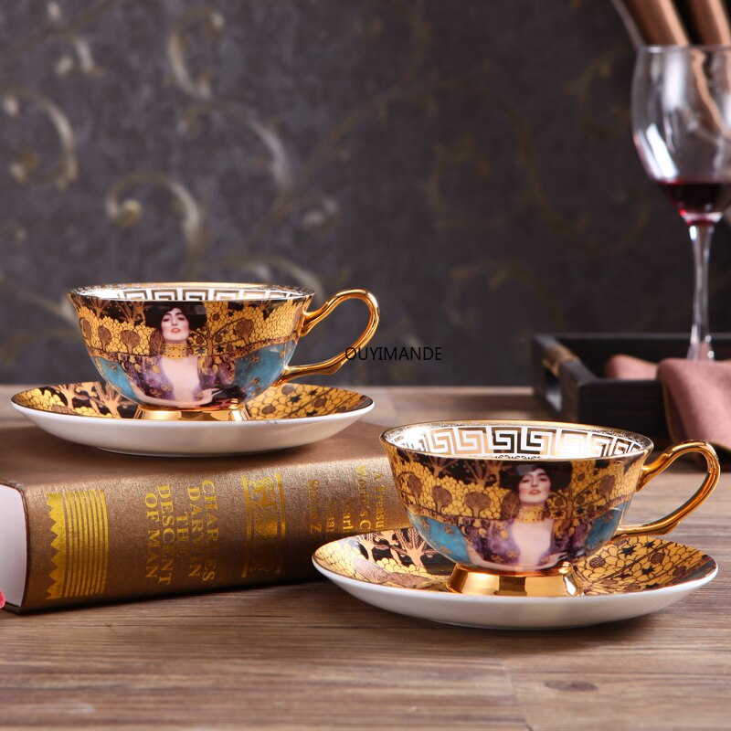 Ensemble de tasses à café Gustav Klimt, service à thé en céramique chinoise, Klimt Kiss, de luxe, service à boissons en porcelaine, tasse à thé et soucoupe