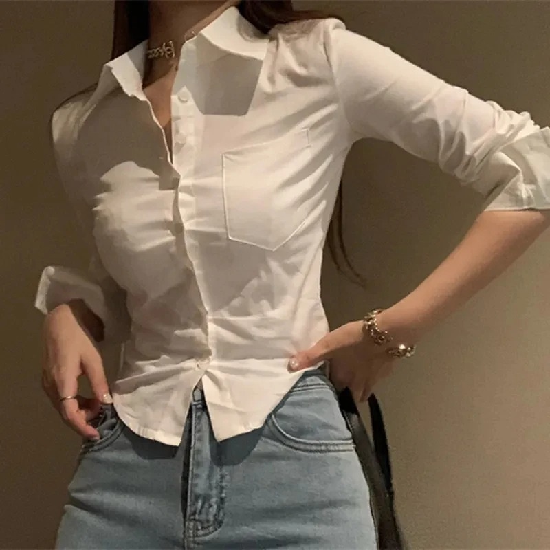 Camisa coreana blanca de oficina de gasa para mujer, blusa con solapa y botones de bolsillo para mujer, Tops cortos de manga larga para ir al trabajo para primavera