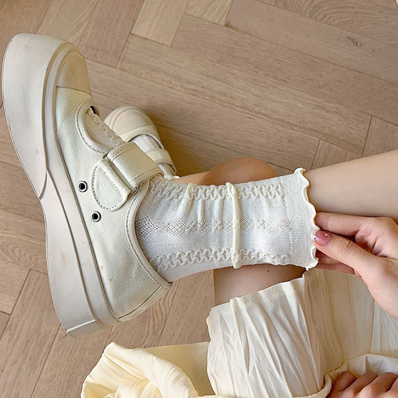 Calcetines tobilleros de algodón con volantes para mujer, medias cortas de tubo medio, transpirables, color blanco y negro, para primavera y otoño, 5 pares