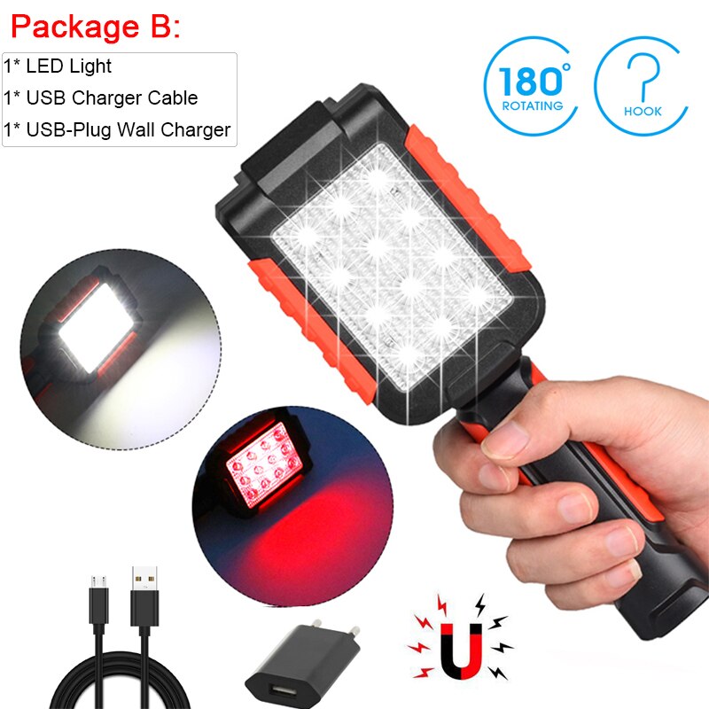 Potente luz de trabajo LED linterna magnética lámpara de Trabajo Portátil linterna de gancho USB recargable de reparación automática luz de trabajo impermeable: Package B