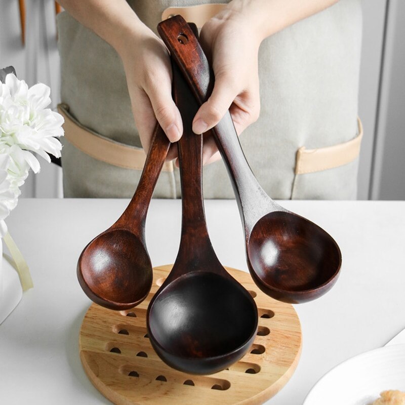 Wooden Large Soup Scoops Long Handle Cooking Scoop Wood Ramen Rice Spoon Soup Ladle Catering Tableware Kitchen Tools
