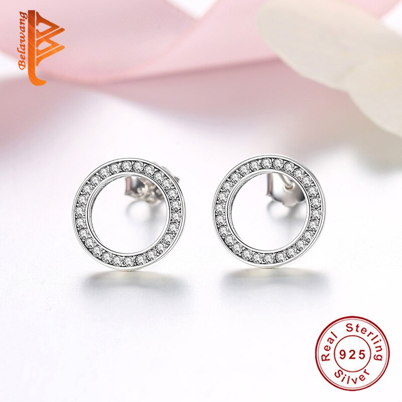 Belawang para sempre claro cz brincos de cristal 925 prata esterlina círculo redondo brincos do parafuso prisioneiro jóias casamento oorbellen bijoux