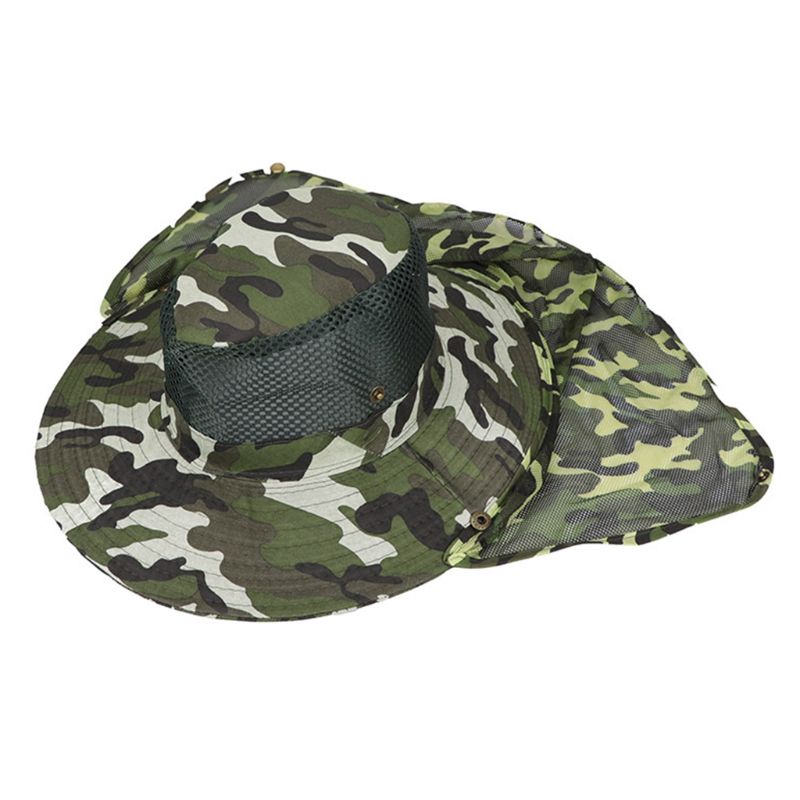 Men Women Summer Camouflage Floppy Bucket Hat with Mesh Neck Flap Protector Outdoor Hiking Fishing Wide Brim Boonie Cap