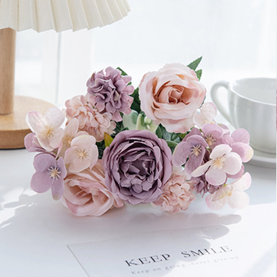 Artificial Flowers 7 Fork Silk Rose Peony Hydrangea Festival Wreath Decor Wedding Wreath Home Room Table DIY Craft Accessories: L / PURPLE