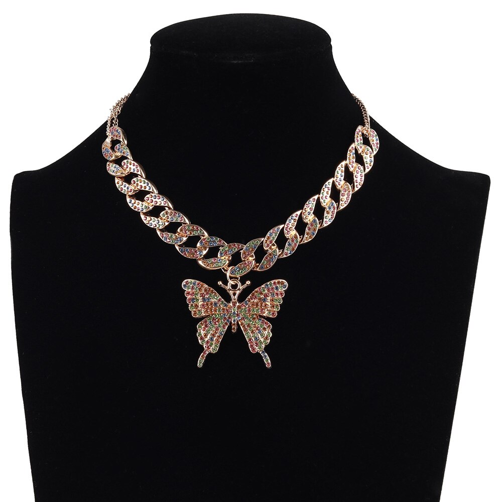 Collar de cadena de mariposa de eslabones cubanos, cadena con diamantes de mariposa, Gargantilla para mujer, joyería de hip hop, accesorios de joyería de hielo: multicolor