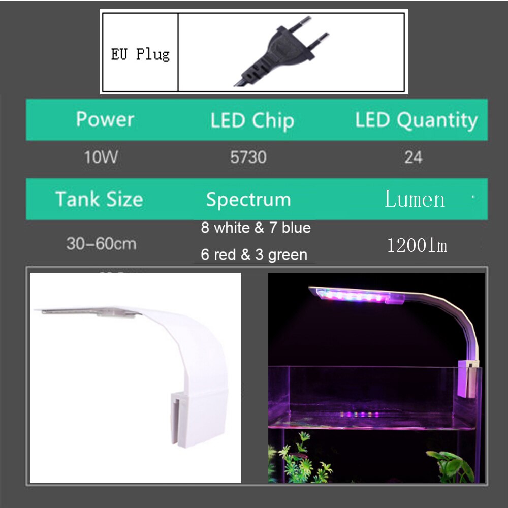 Justerbar 3 modes led akvarielys 5w 10w ferskvandsplanter vokse lys vandlamper vandtætte clip on lampe til akvarium: M280- w eu-stik